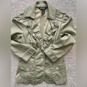 White House Black Market Olive/ Army Green Y2K Jacket with Rhinestone Detail